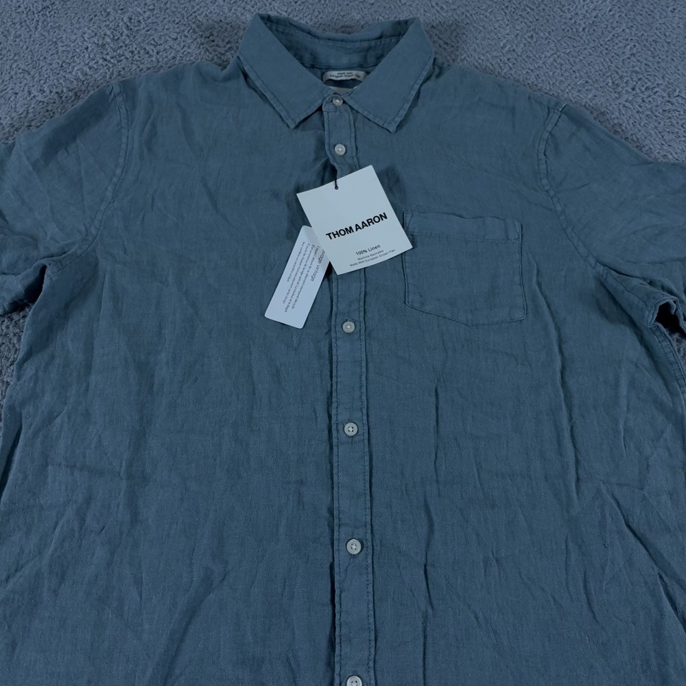 Thom Aaron Shirt Mens XL Blue 100% Linen Button Up Vintage Wash Short Sleeve NEW